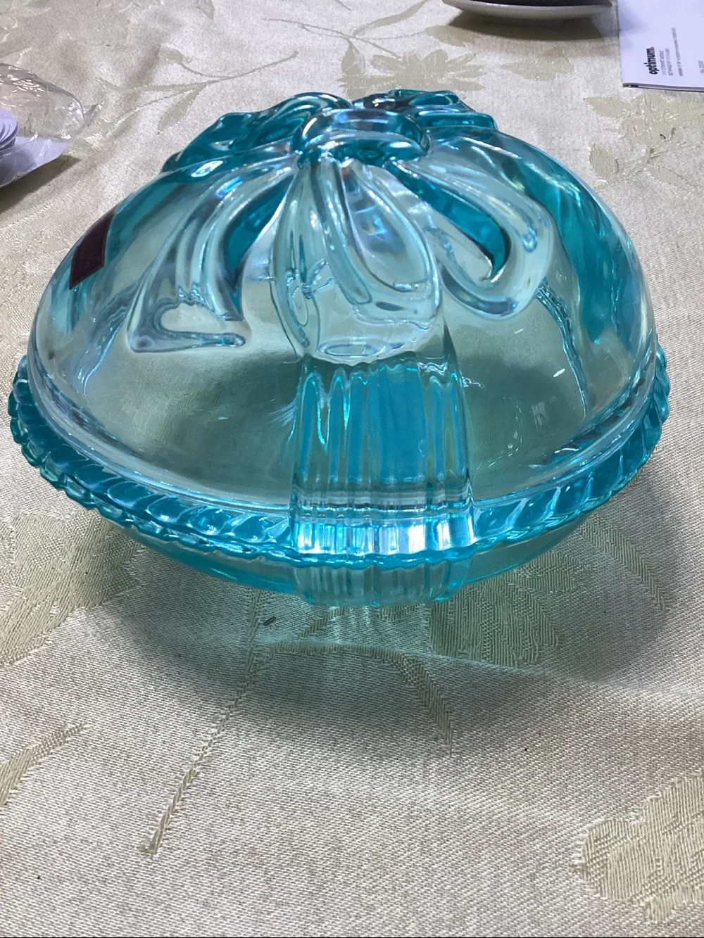 Marquise by Waterford Turquoise Glass Trinket Box with Bow Motif